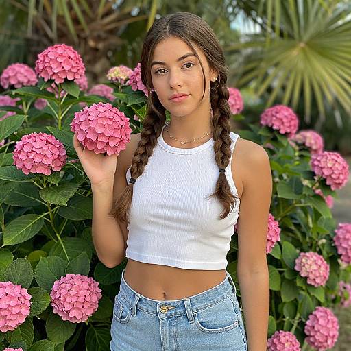 Young woman with long braided brown hair, wearing a white ribbed crop top and light blue jeans, holding a pink hydrangea flower in a