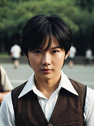 Young Asian Man in Brown Vest Outdoors