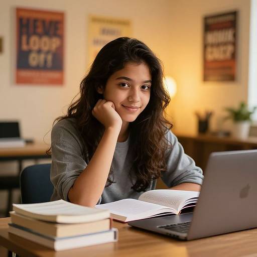 Photograph of a smiling young woman with long dark hair, wearing a gray sweater, studying at a table with books and a laptop. Warmly lit