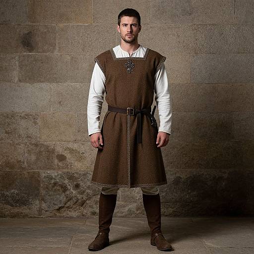 Photograph of a muscular, dark-haired man in medieval attire: white shirt, brown sleeveless tunic, belt, brown pants, and boots,