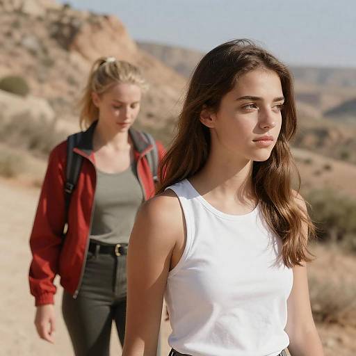 Sunlit Arid Hike with Two Women