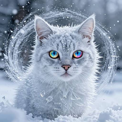 Photorealistic digital artwork of a fluffy white cat with iridescent blue and green eyes, surrounded by sparkling snowflakes and a circular light effect