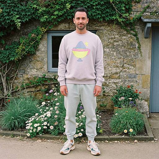 Photograph of a bearded man with short black hair, light brown skin, wearing a white sweatshirt with a yellow and blue graphic, light gray