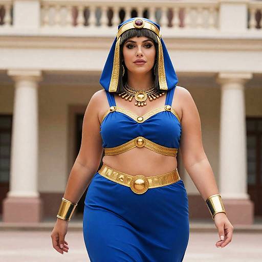 Photograph of a curvy woman in an Egyptian-inspired blue dress and gold accessories, wearing a blue headwrap with a red gem, standing confidently in