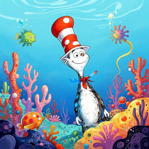 Colorful underwater illustration: Smiling white cat in red-striped hat with blue neckerchief stands among vibrant coral, fish, and seaweed. Bright