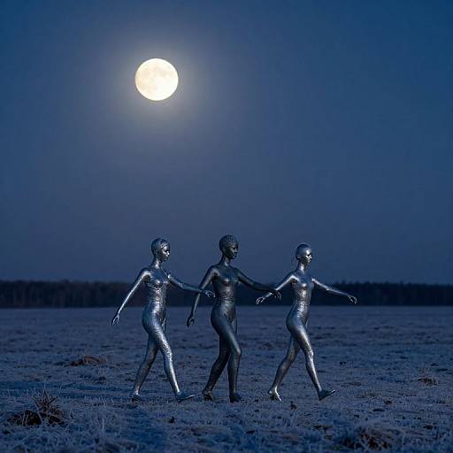 Photograph of three silver-painted, nude, humanoid figures holding hands under a full moon in a blue-lit, barren desert landscape.