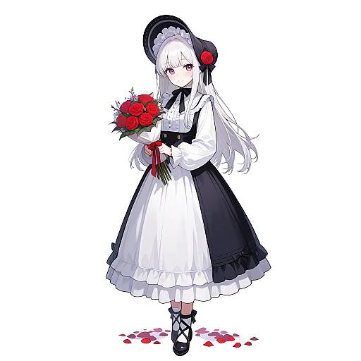 Anime Girl in Victorian Dress Holding Red Rose Bouquet