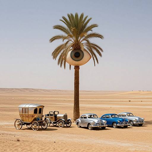 Photograph of a surreal desert scene: vintage horse-drawn carriage beside a palm tree with a camera lens, flanked by blue and silver cars.