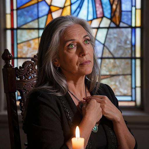 Insightful Hispanic Woman in Candlelit Stained Glass Setting