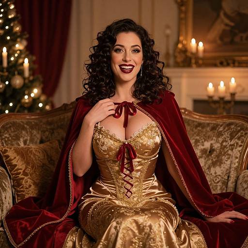 Photograph of a curvy woman with dark curly hair, wearing a gold lace corset and red velvet cape, smiling on an ornate couch in