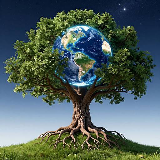 Photorealistic digital artwork of a tree with a glowing, Earth-shaped globe nestled in its foliage, set against a starry night sky.