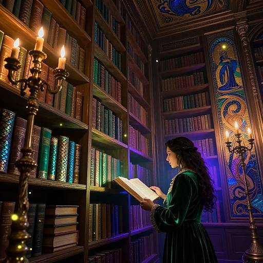 A woman with curly brown hair reads in a dimly lit, ornate library with colorful book spines and candlelight.