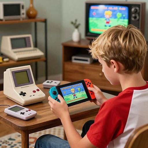 Retro Gaming Boy with Nintendo Switch