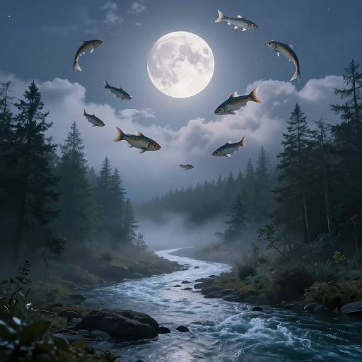 Photorealistic digital artwork of a moonlit forest stream with a full moon, surrounded by flying fish, amidst tall pine trees.