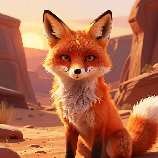 Photorealistic digital art of a vibrant orange fox with striking black-tipped ears and white chest fur, sitting in a sunlit desert landscape with rocky