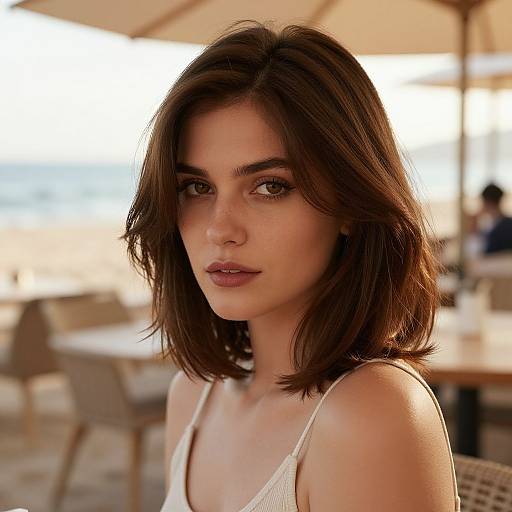 Elegant Woman at Beachside Café