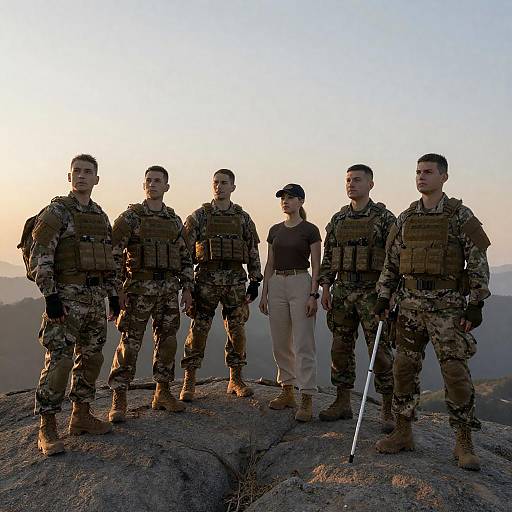 Group of Soldiers Standing on Rocky Hilltop at Sunset
