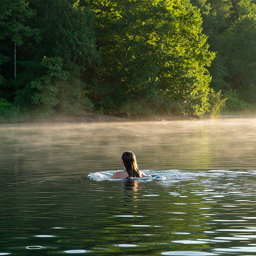 Photograph of a person with wet, dark hair swimming in a calm, misty lake, surrounded by dense, green trees with sunlight filtering through.