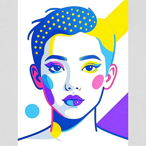 Pop art portrait of a androgynous person with short blue hair, yellow and blue polka dots, colorful makeup, and bold colors.