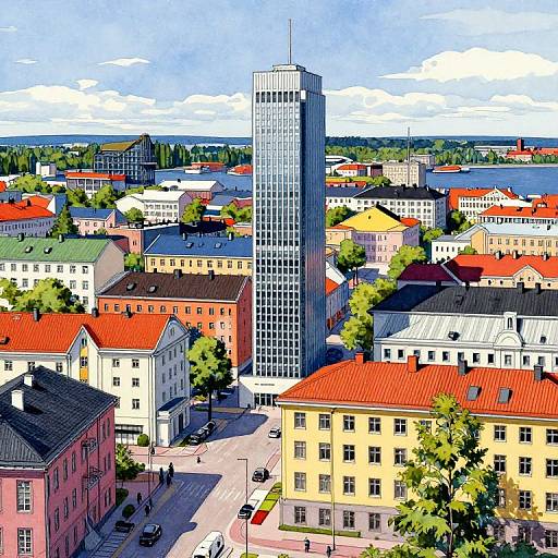 Colorful aerial photograph of a cityscape with a tall, glass skyscraper in the center, surrounded by red-roofed buildings and green trees under