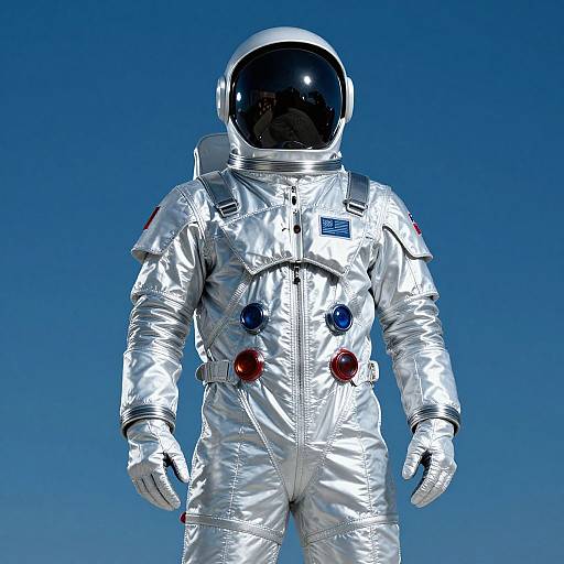Photorealistic image of a silver astronaut in a shiny spacesuit with red, blue, and white buttons, standing against a clear blue sky.