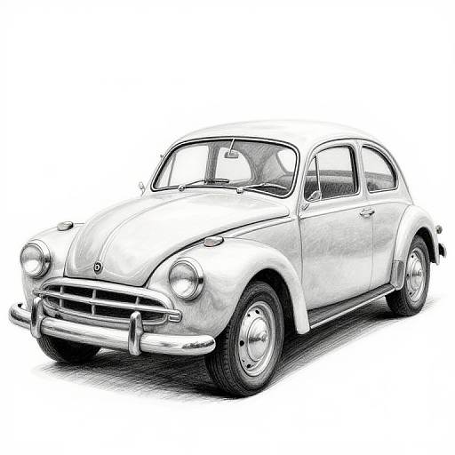 Black-and-white digital drawing of a classic, vintage Volkswagen Beetle with rounded headlights, chrome bumper, and four-door sedan design.