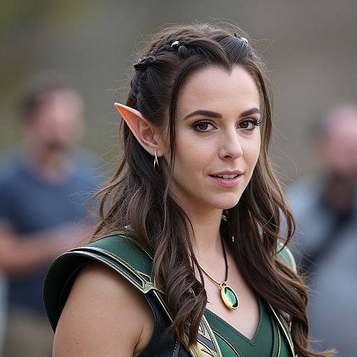 Photograph of a fair-skinned woman with long brown hair, pointed elf ears, green armored top, and green pendant, smiling subtly in a blurred