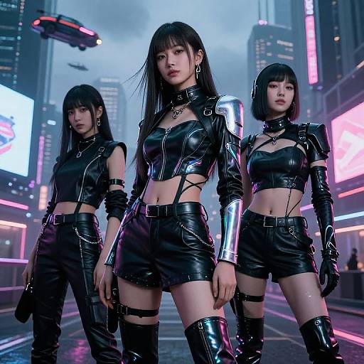 Digital art of three Asian women in futuristic, black leather cyberpunk outfits, standing in a neon-lit city street with flying cars.