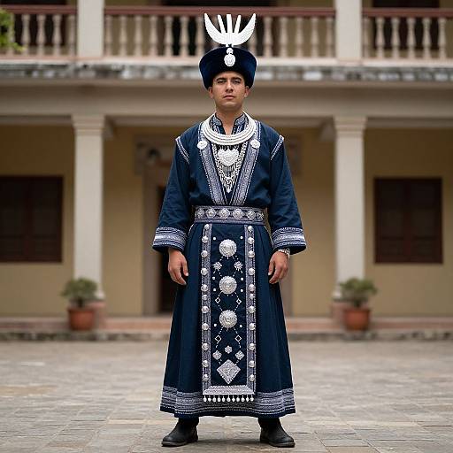 Photograph of a young boy in traditional Mongolian attire, standing on a stone courtyard, wearing a dark blue robe with white embroidery and a white hat