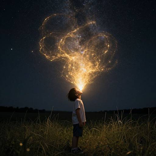 Photograph of a child with dark hair, wearing a white shirt and grey shorts, standing in a grassy field at night, with a glowing,