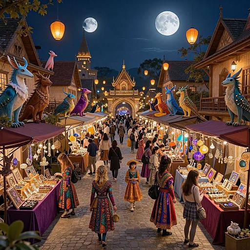 Vibrant nighttime market scene with illuminated stalls, colorful dragons, full moon, lanterns, and dressed children under a starry sky.