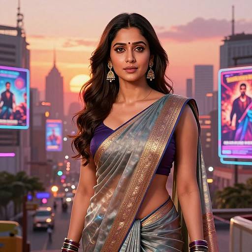 Photorealistic digital artwork of an Indian woman with long dark hair, wearing a blue and gold sari, silver jewelry, and a bindi,