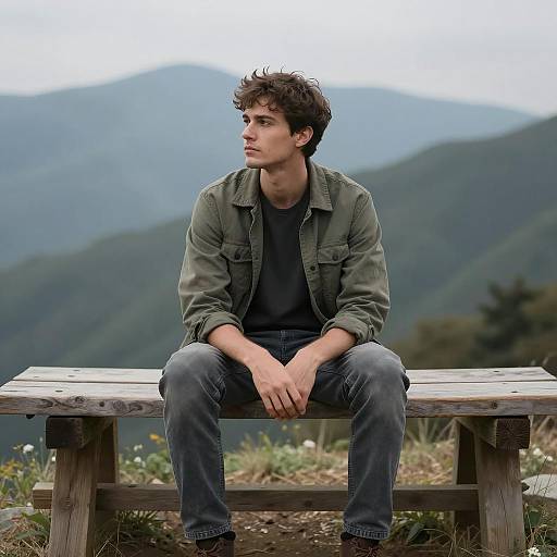Man Sitting on Wooden Bench in Mountains