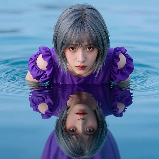 Photograph of a young Asian woman with short gray hair, wearing a purple dress, floating in blue water, reflecting her face perfectly.