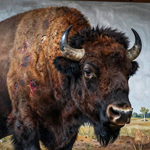 Photograph of a large, wounded bison with dark brown, shaggy fur, curved horns, and visible red scars on its side, standing
