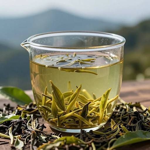 Photograph of a glass cup filled with clear tea infused with yellow-green tea leaves, surrounded by loose tea leaves and green leaves, set against a blurred