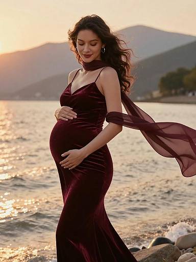 Pregnant Woman in Burgundy Velvet Maternity Gown by Shoreline