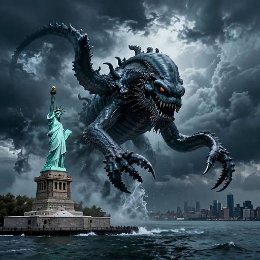 Digital artwork: A massive, dark, scaly monster with glowing red eyes looms over the Statue of Liberty, creating waves in the stormy sea
