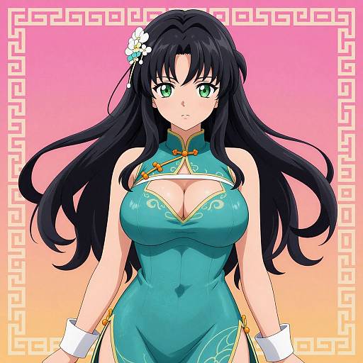 Anime-style drawing of a green-eyed, large-breasted woman with black hair, wearing a tight, blue, Chinese dress with floral accents, and white