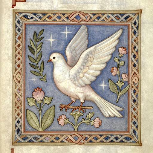 Digital illustration of a white dove with outstretched wings, surrounded by pink flowers, green leaves, and a blue starry background, framed by a