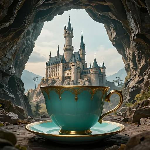 Photorealistic image of a turquoise teacup with gold trim, centered in a rocky cave, framing a majestic fantasy castle with multiple turrets and