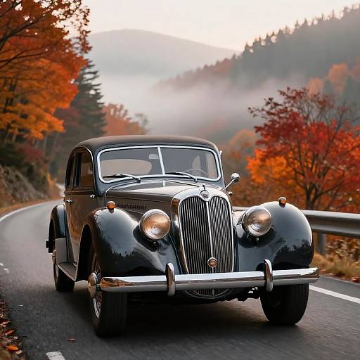 Photograph of a shiny black vintage car with round headlights driving on a winding road through a misty autumn forest.