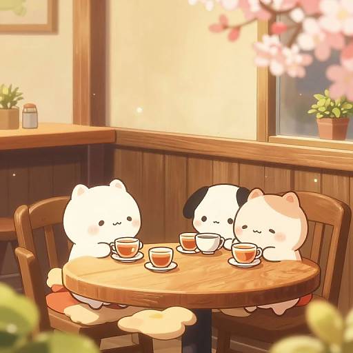 Digital illustration of two adorable chibi-style cat characters with white and black fur, sitting at a wooden table in a cozy café, sipping tea,