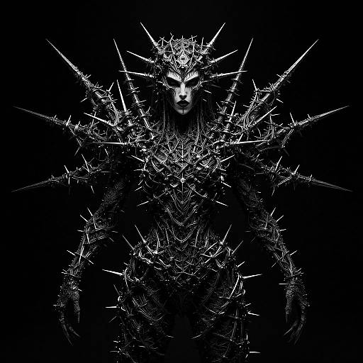 Digital black-and-white photograph of a fierce, masked figure with a crown of sharp, metallic spikes, standing against a dark background.