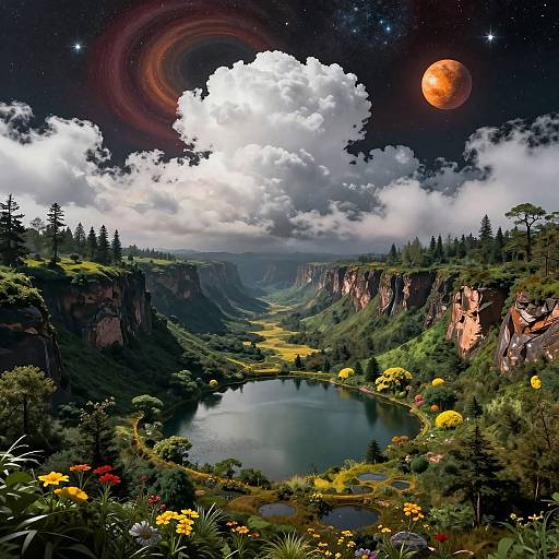 Fantastical landscape photograph: lush valley with reflective lake, vibrant flowers, towering cliffs, starry night sky, glowing red planet, and swirling cosmic