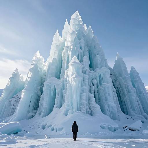 Photograph of a lone figure in black standing before towering, glowing blue ice formations under a clear, bright sky.