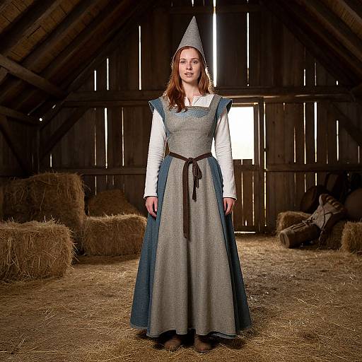 Photograph of a young woman in a medieval-style dress with a gray bodice, blue skirt, white blouse, and pointed hat, standing in a