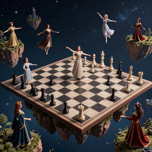 Digital artwork of floating chessboard with six elegant, ethereal women in various dresses, playing chess in a starry, cosmic sky.