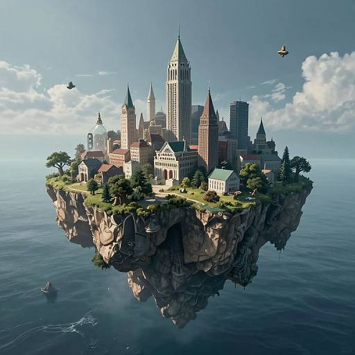 Digital illustration of a floating, medieval-style castle island with tall spires, lush greenery, and three flying birds over a calm blue sea.