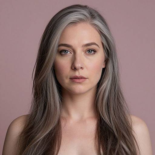 Photograph of a young woman with long, silver-gray hair, fair skin, and blue eyes, set against a plain pink background.